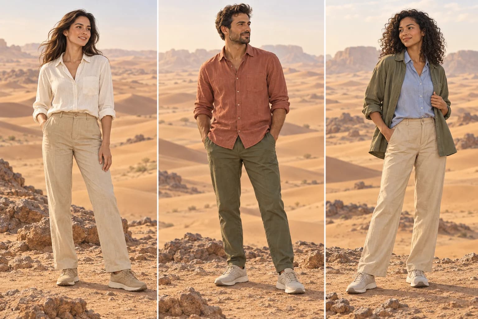 Illustrated adults in neutral, terracotta and olive, and blue outfits, all with trousers and closed trainers; one wears a light evening overshirt.
