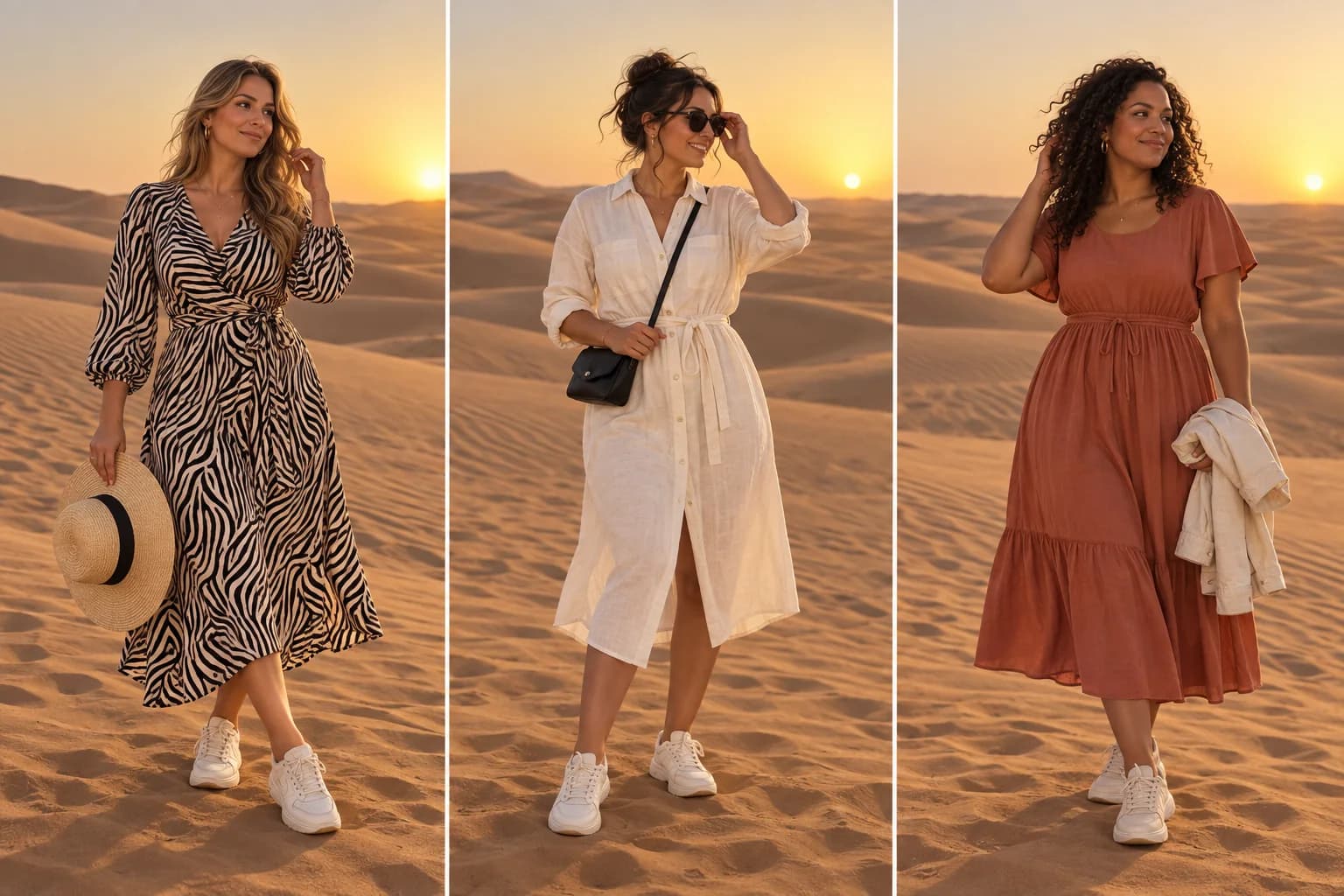Three illustrated dress ideas: a patterned midi dress, a cream shirt dress and a terracotta midi dress, each paired with closed trainers on sand.