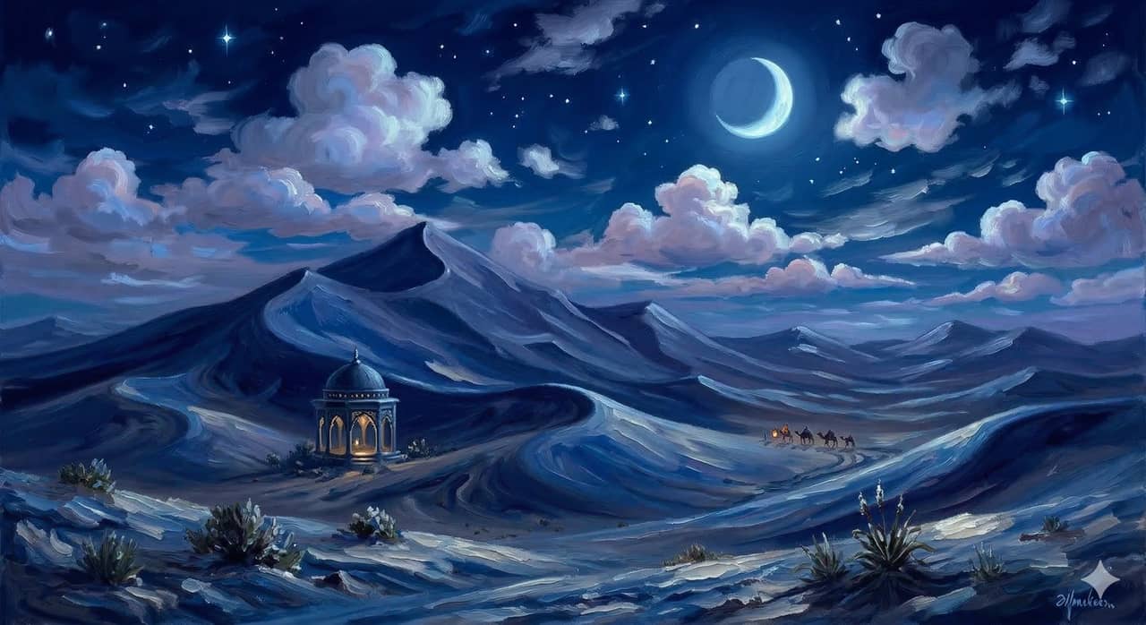 The Arabian desert at night, dunes rolling under a moonlit sky